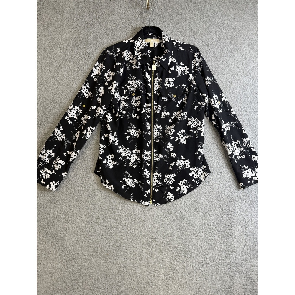 Michael Kors Jacket Womens Medium Black White Floral Full Zip Gold Accents Shirt